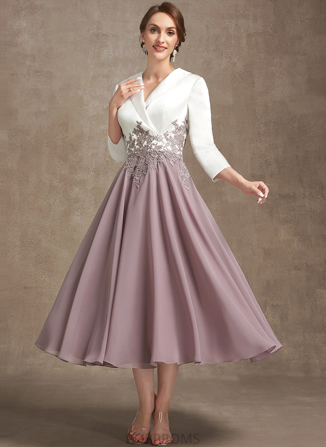 V-neck Satin Dress Cocktail Dresses A-Line Lace Cocktail Caitlyn Tea-Length Chiffon