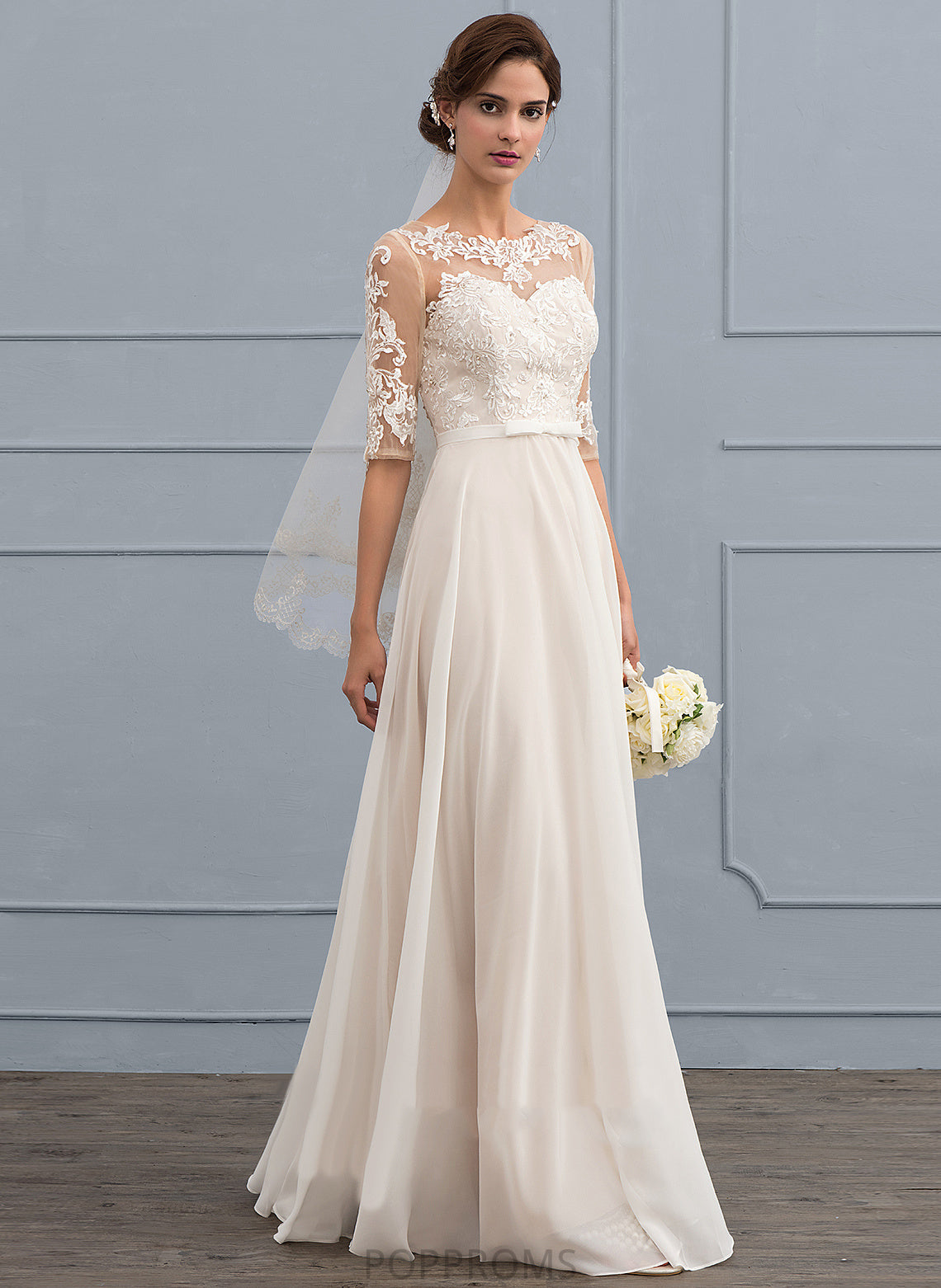 Wedding Wedding Dresses Bow(s) Dress Beading Ansley Chiffon Floor-Length Lace Sequins Illusion With A-Line