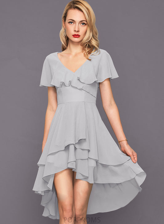 With Cocktail Dress Cascading Tiffany Chiffon Ruffles Asymmetrical V-neck A-Line Cocktail Dresses