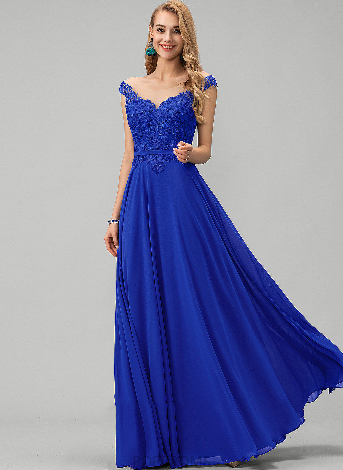 Chiffon Floor-Length With Lace Lauretta A-Line Scoop Sequins Prom Dresses Neck