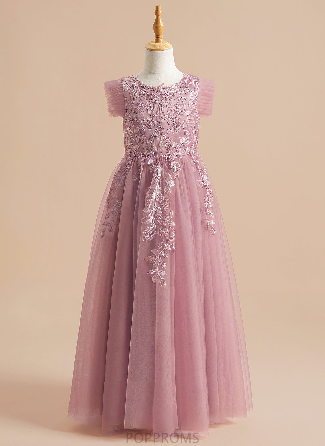 Flower Girl Dresses Sleeves Flower Neck Girl Floor-length A-Line Brittany Short Tulle Dress - Scoop