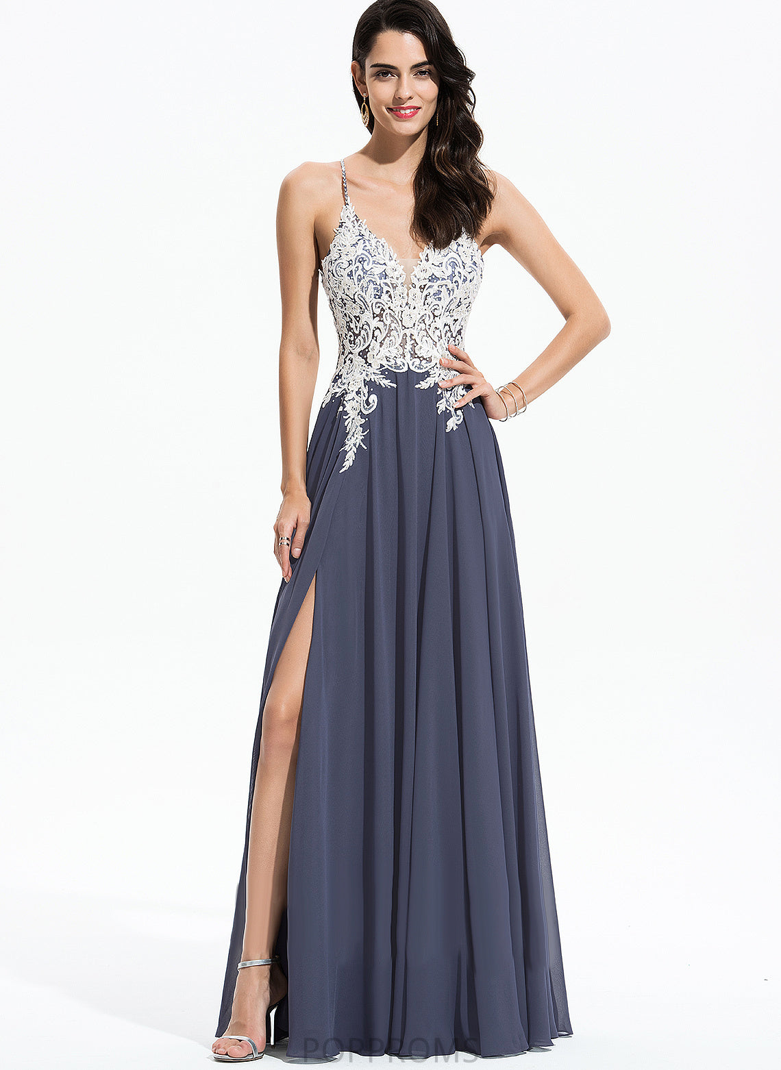 Sequins Esperanza Floor-Length Chiffon A-Line V-neck Beading Prom Dresses With