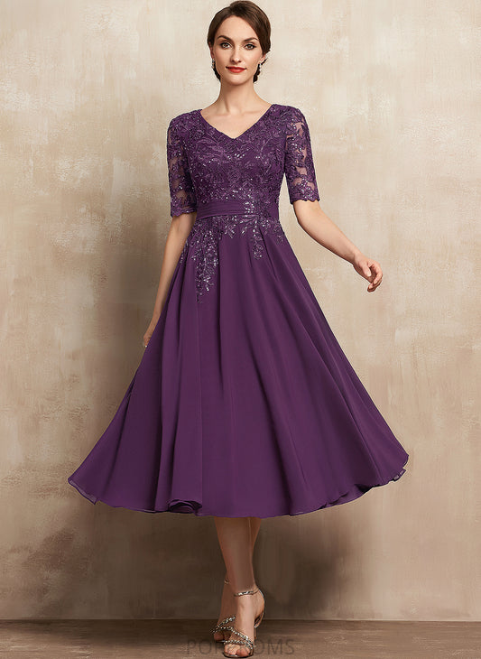 Tea-Length With Bride Mother of the Bride Dresses Chiffon Sequins of Mother A-Line V-neck Lace the Mallory Dress