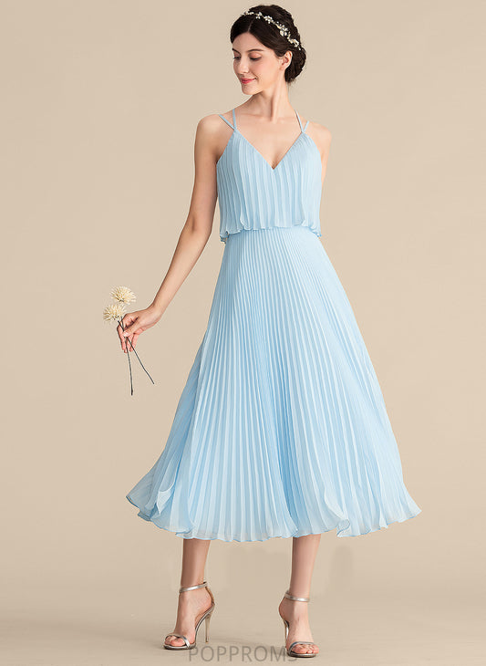 With V-neck Pleated Cocktail Sue A-Line Chiffon Tea-Length Cocktail Dresses Dress