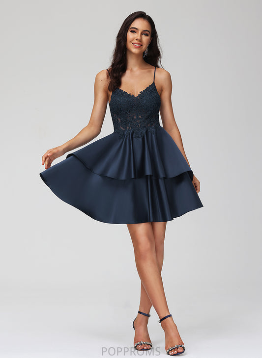 With Homecoming Satin V-neck Lace Margery Dress Short/Mini Homecoming Dresses A-Line