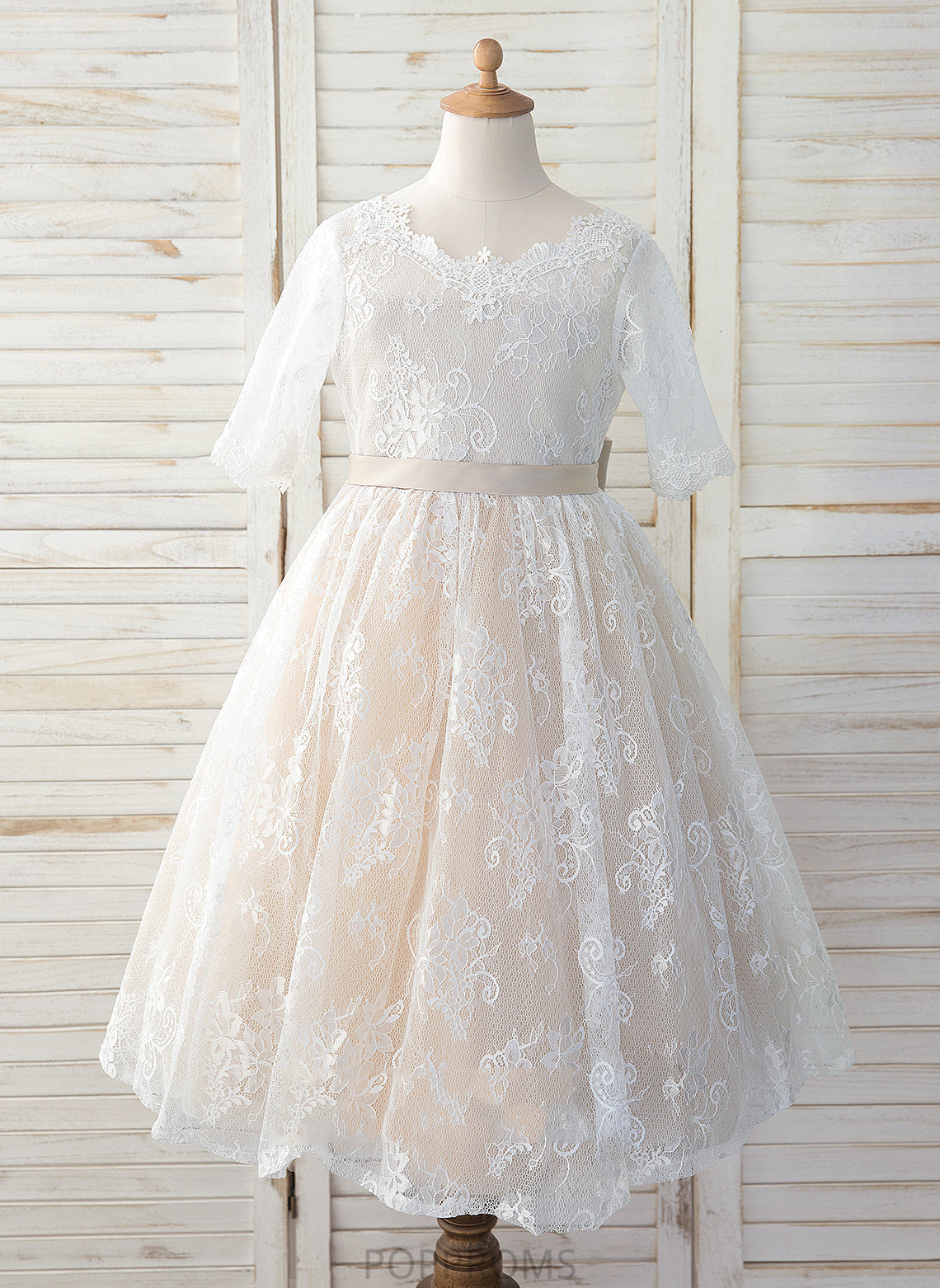 Sleeves With Flower Girl Dresses Flower Tulle/Lace Bow(s) Neck A-Line Girl Scoop - 3/4 Charlee Dress Tea-length