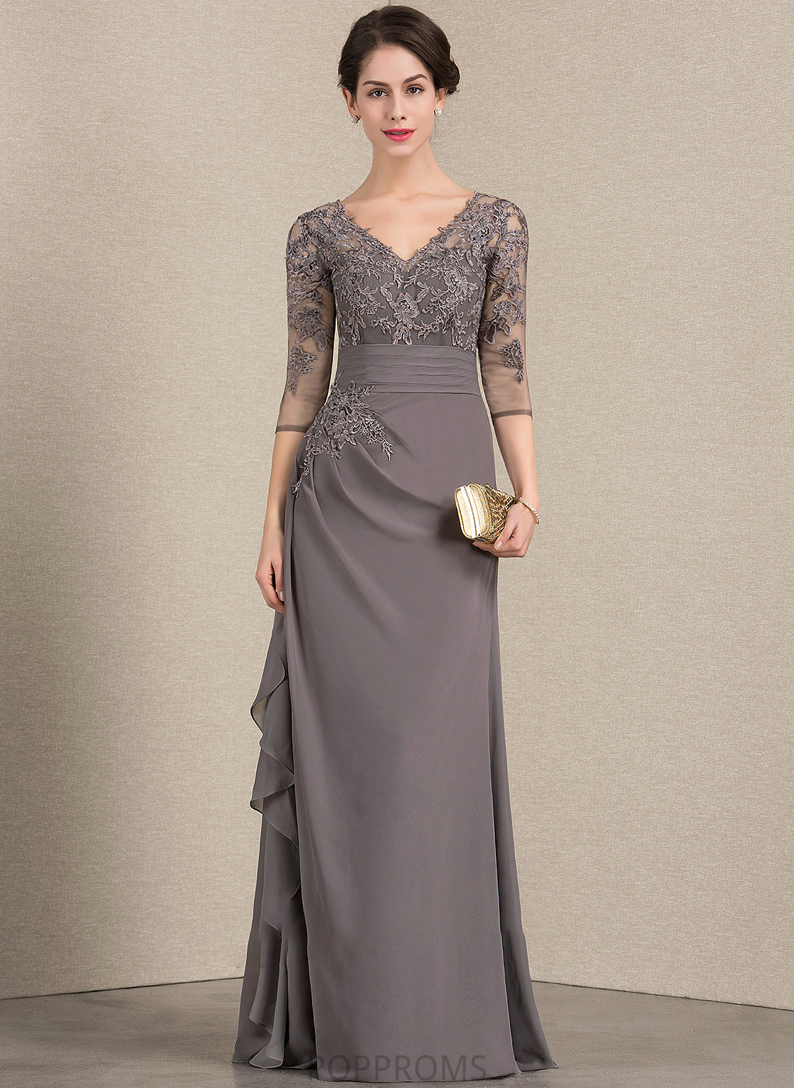 Chiffon Mother of the Bride Dresses Bride of V-neck Mother Floor-Length Lace With Sonia Cascading the Ruffles A-Line Dress