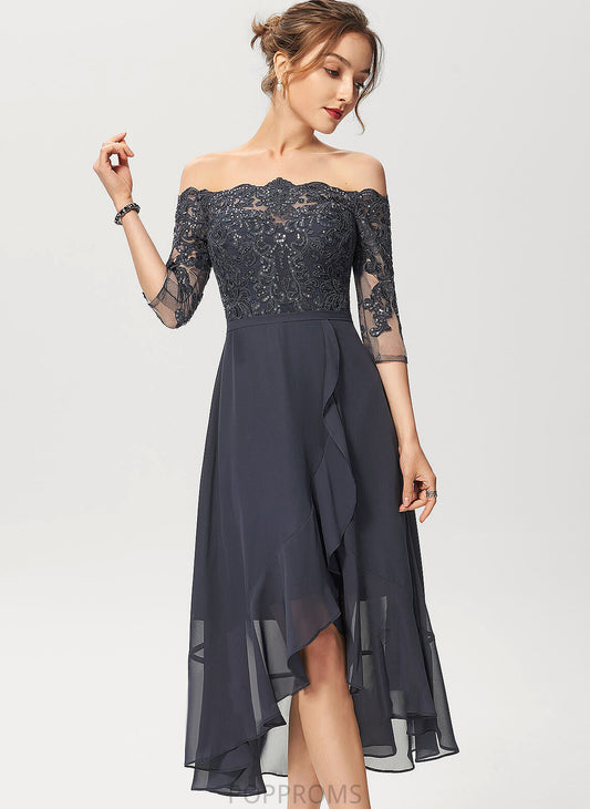 Off-the-Shoulder Cocktail Dresses With A-Line Asymmetrical Nancy Cocktail Lace Chiffon Sequins Dress