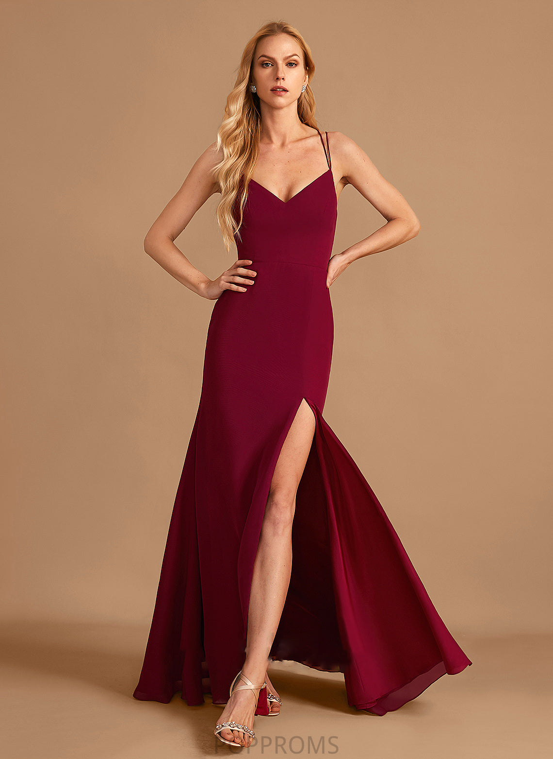 Silhouette V-neck Fabric SplitFront Floor-Length Neckline Trumpet/Mermaid Embellishment Length Kamryn Scoop Natural Waist Bridesmaid Dresses