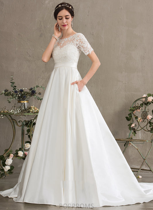 Train Wedding Dresses Ball-Gown/Princess Sequins Pockets Court Karsyn Beading Dress Satin Lace Wedding With