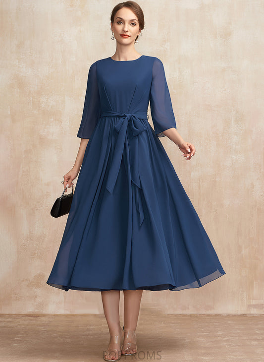 Mother Bride With Neck the Bow(s) Tea-Length Dress Paris Chiffon Scoop Ruffle of A-Line Mother of the Bride Dresses