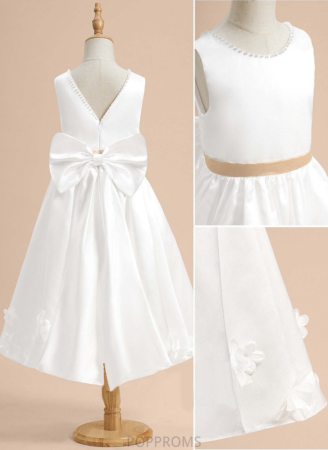 Dress With Sleeveless - Sash/Beading/Flower(s)/Bow(s) Girl Scoop Satin Flower Katrina Tea-length Neck Flower Girl Dresses A-Line