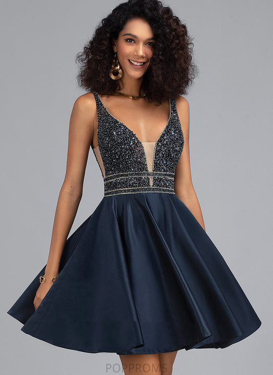 A-Line Satin Sequins Dress Homecoming Short/Mini Beading Homecoming Dresses With Laney V-neck