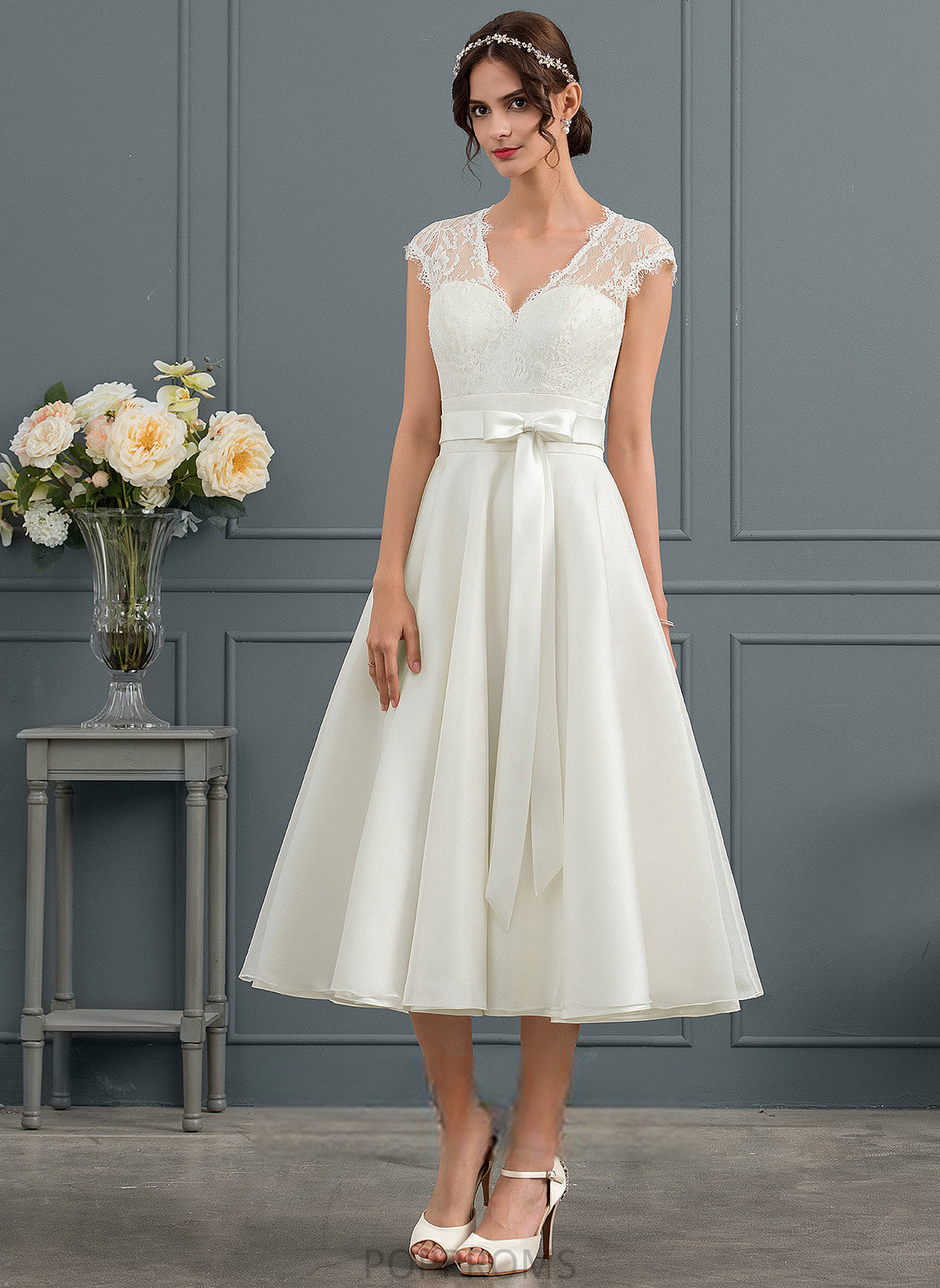 Dress Alyvia V-neck Wedding Satin Tea-Length Lace Wedding Dresses Bow(s) With A-Line