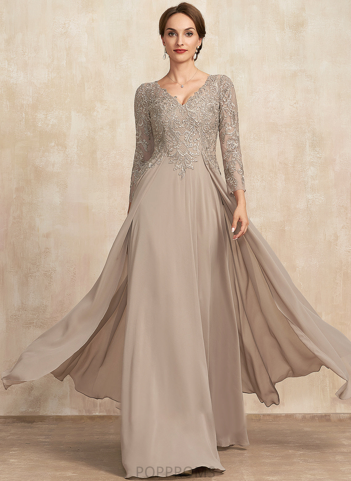 Bride of Chiffon Marlene Mother of the Bride Dresses Lace the Mother V-neck A-Line Floor-Length Dress