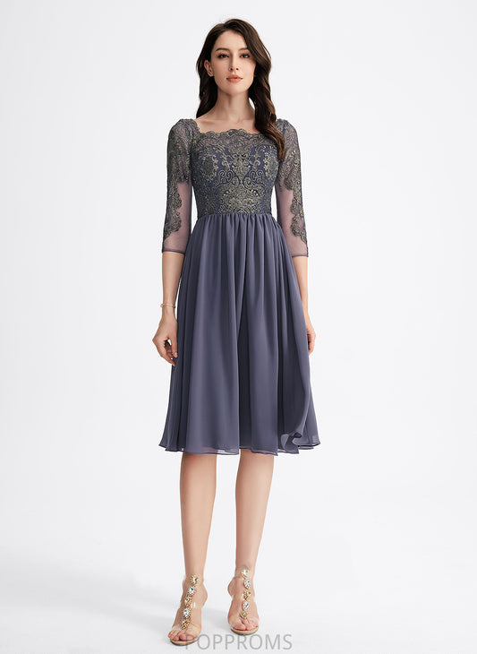 With Chiffon Crystal A-Line Neckline Cocktail Dress Lace Lace Square Cocktail Dresses Knee-Length