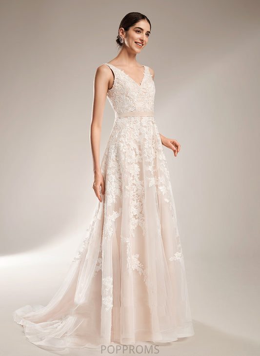 Court Wedding A-Line Dress Angela Wedding Dresses Train V-neck Tulle Lace