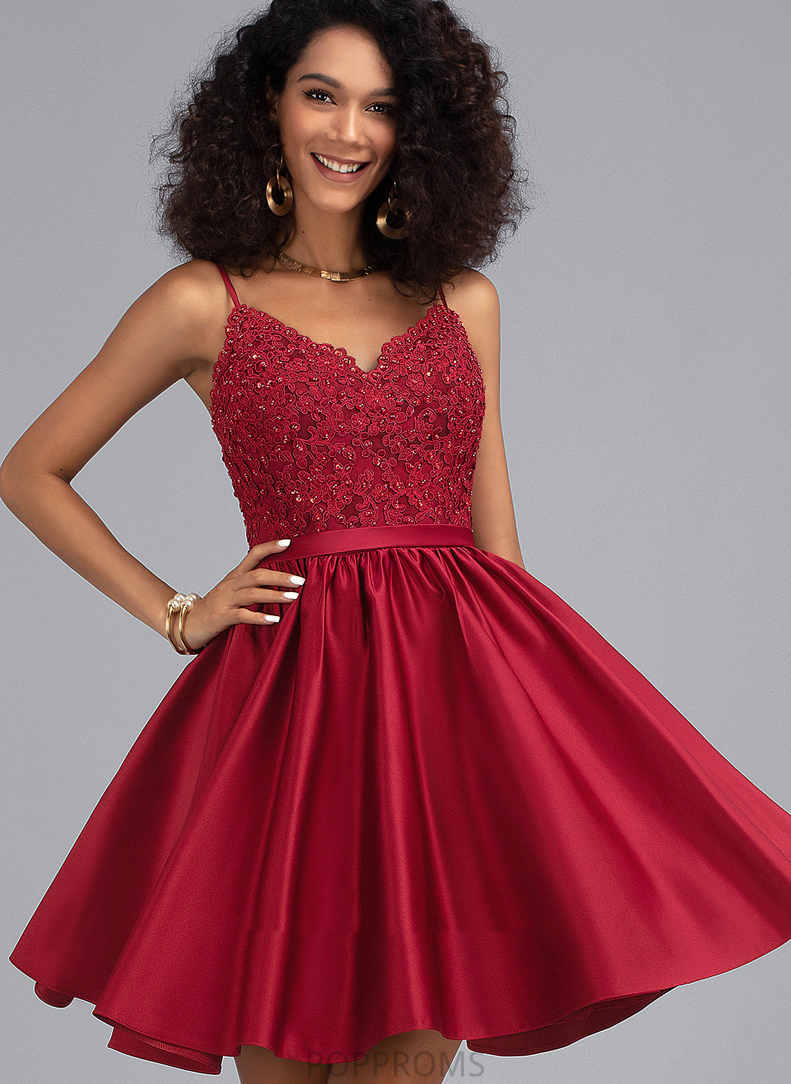 Short/Mini Hallie A-Line Beading With Homecoming Satin V-neck Dress Homecoming Dresses Lace