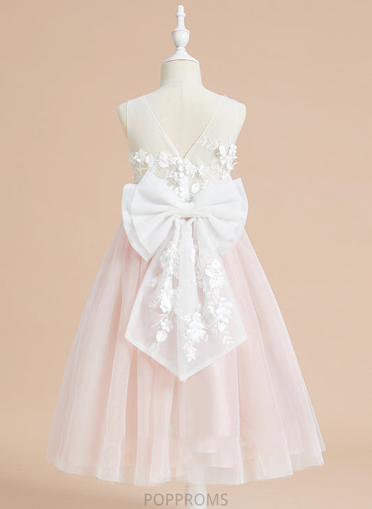 A-Line Nyla Lace/Flower(s)/Bow(s) Scoop Sleeveless Tulle Girl - Neck Dress With Flower Girl Dresses Tea-length Flower