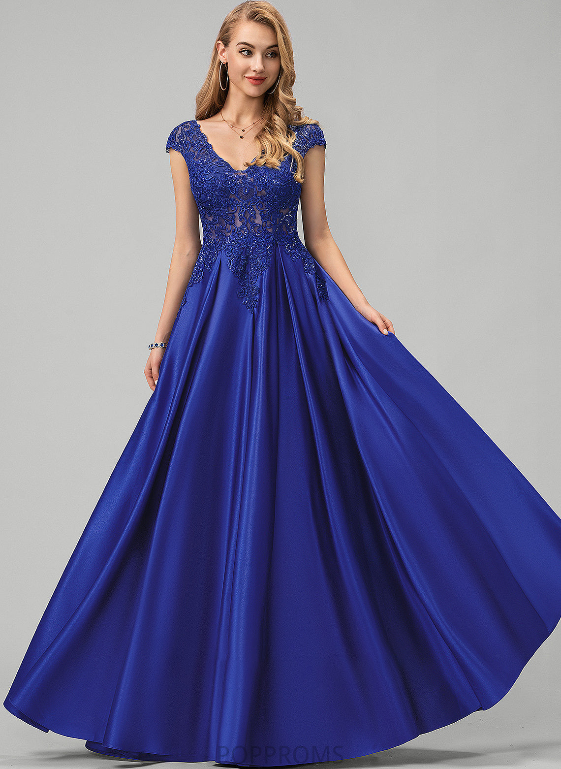 Sequins Emily Prom Dresses Floor-Length Satin Lace V-neck Ball-Gown/Princess With