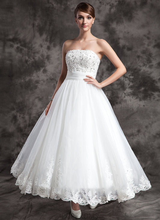 Ball-Gown/Princess Dress Strapless Averi Satin Wedding Ankle-Length Beading Wedding Dresses Organza With Lace