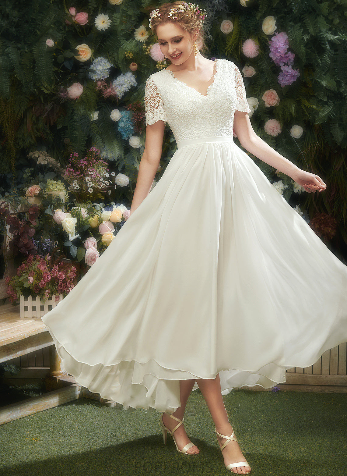 Marisa With Wedding Dresses Asymmetrical A-Line Dress Lace Wedding V-neck