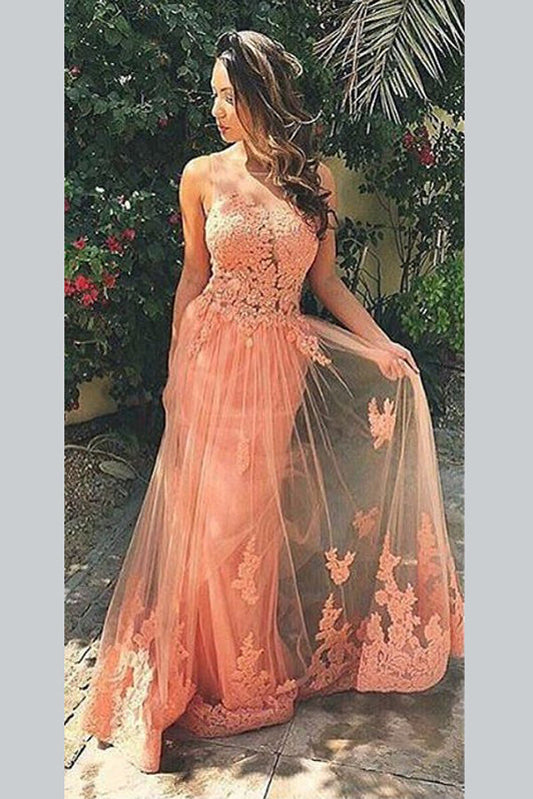 Peach A Line Sweep Train Sheer Neck Sleeveless Backless Appliques Prom Dresses