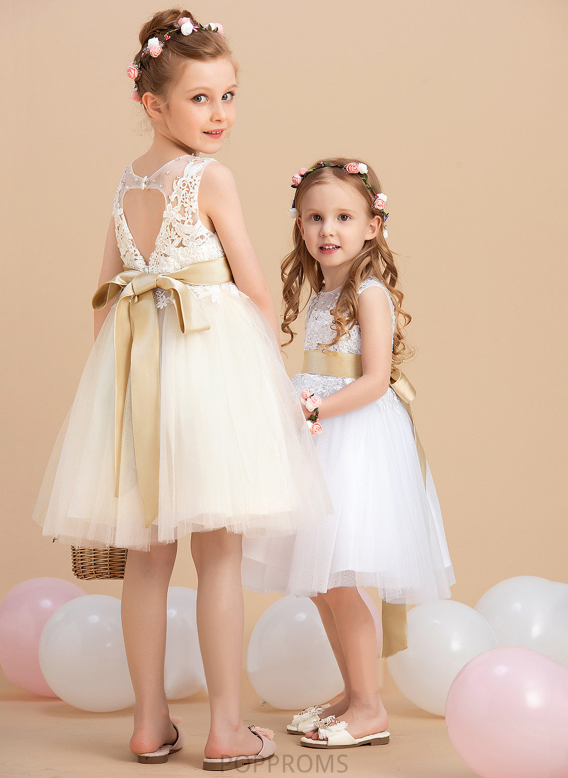 sash) Neck With Girl Flower Girl Dresses Sleeveless Flower (Detachable - Scoop A-Line Knee-length Sash/Beading/Back Hole Jazmyn Tulle/Lace Dress