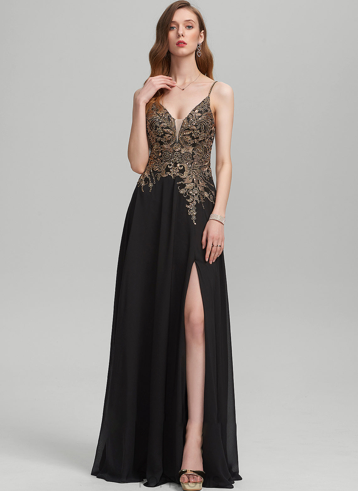 Lace Floor-Length Front Chiffon Roberta With Prom Dresses V-neck Split Sequins A-Line