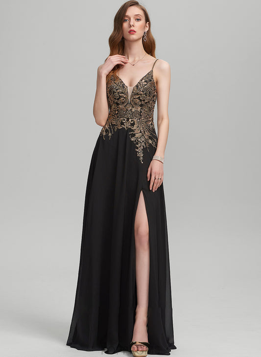 Lace Floor-Length Front Chiffon Roberta With Prom Dresses V-neck Split Sequins A-Line