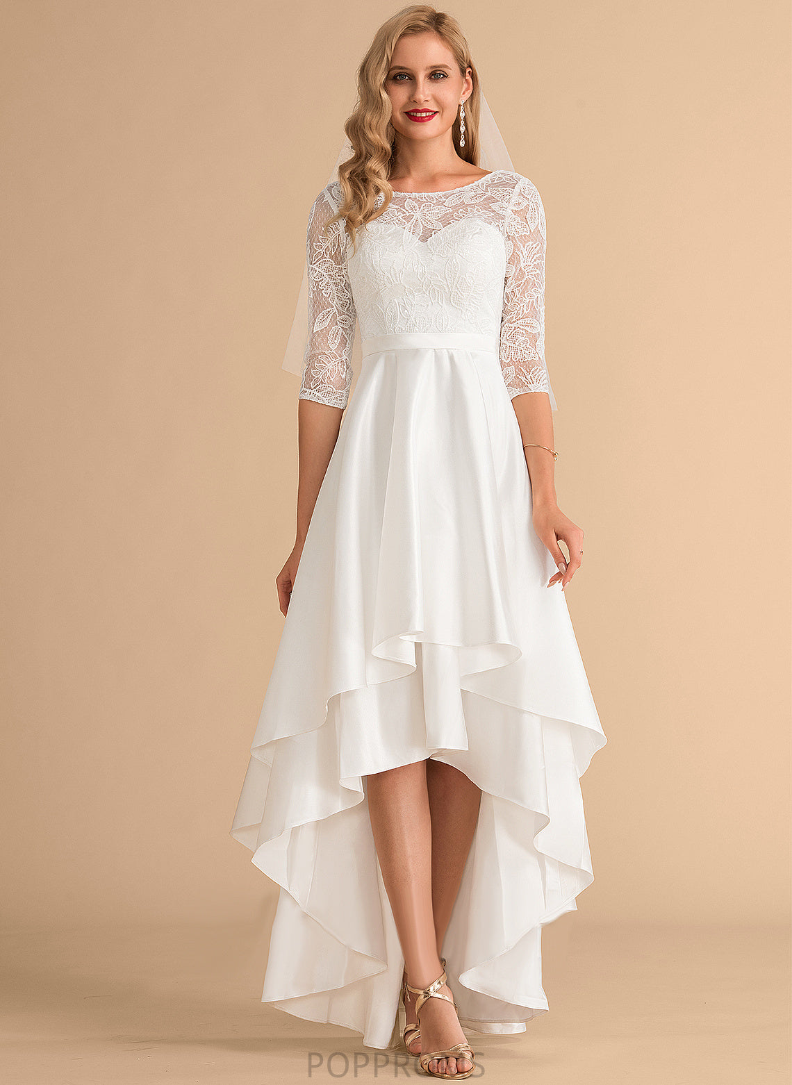 A-Line Satin Wedding Dresses Dress Asymmetrical Lace Scoop Aryanna Wedding