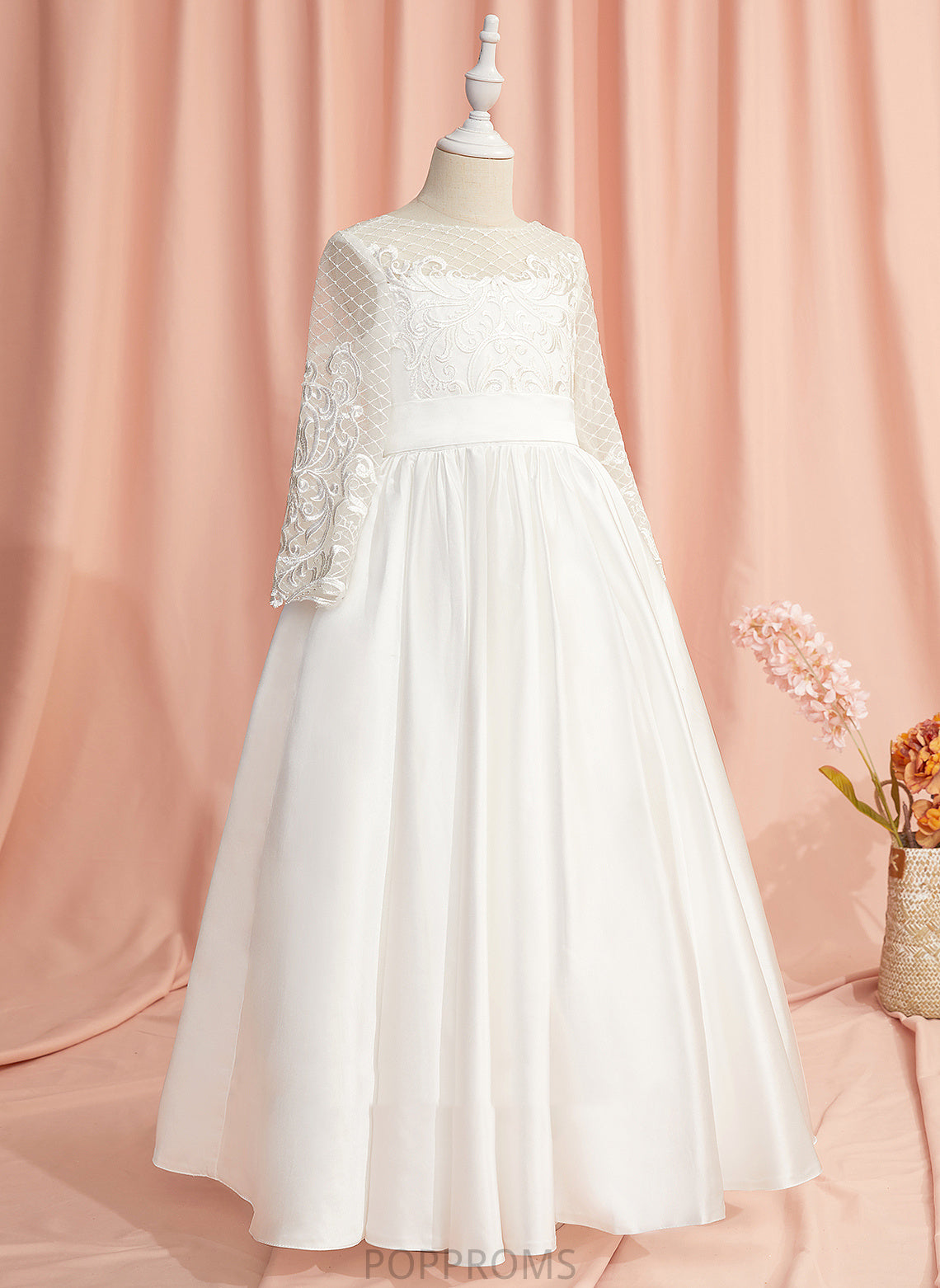 Neck Flower Girl Dresses With Girl Long Lace/V Flower Sleeves Dress Scoop - Floor-length Ball-Gown/Princess Back Marie Satin