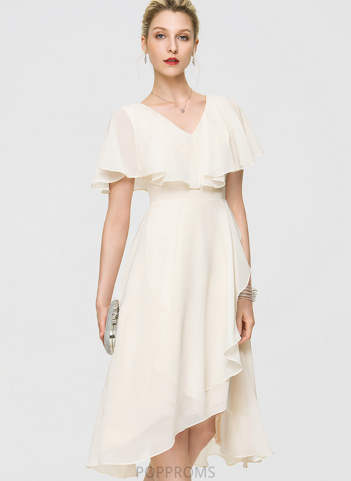 Wedding A-Line Dress With Ruffles Cascading Wedding Dresses V-neck Asymmetrical Chiffon Bow(s) Cornelia