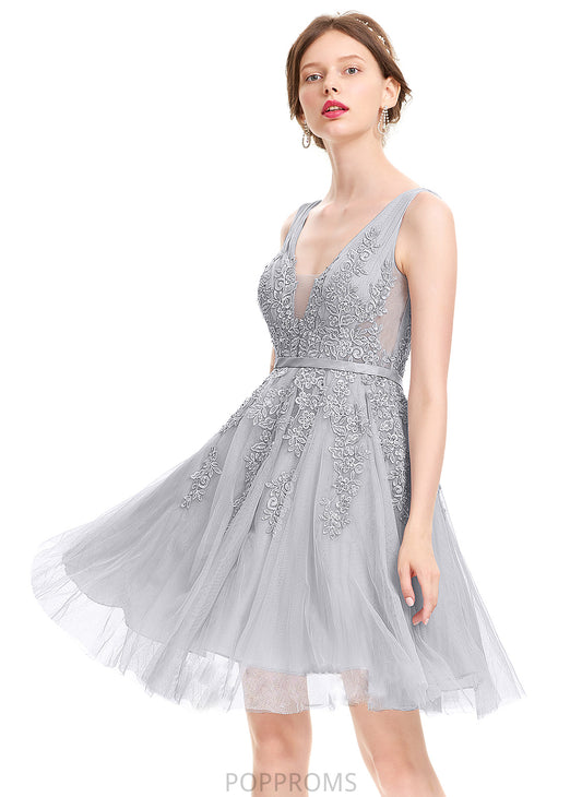 With Madilynn Homecoming Lace Sequins Homecoming Dresses Knee-Length V-neck Dress Tulle Beading A-Line