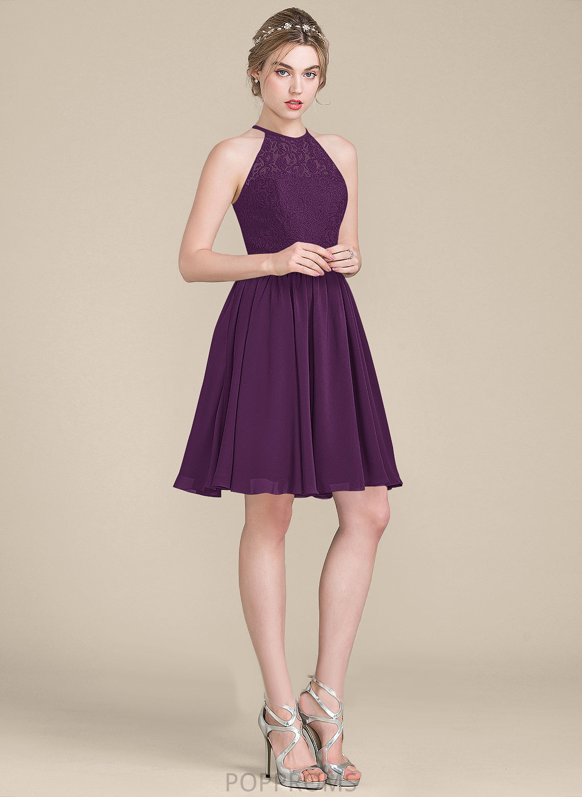 Shelby Neck Knee-Length Cocktail Scoop Cocktail Dresses Chiffon A-Line Dress Lace