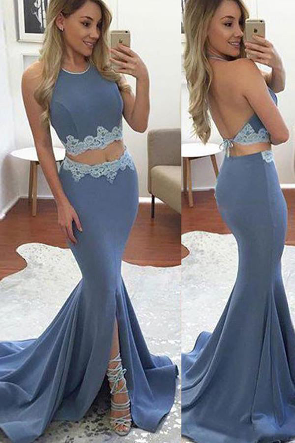 Lavender Two Piece Mermaid Halter Sleeveless Backless Split Front Prom Dresses