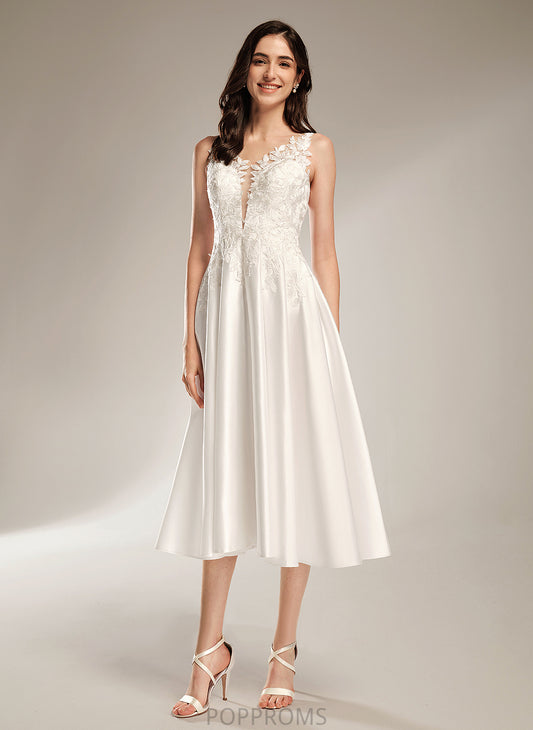 Wedding Wedding Dresses Satin V-neck Dress Lace Camryn Tea-Length A-Line Pockets With