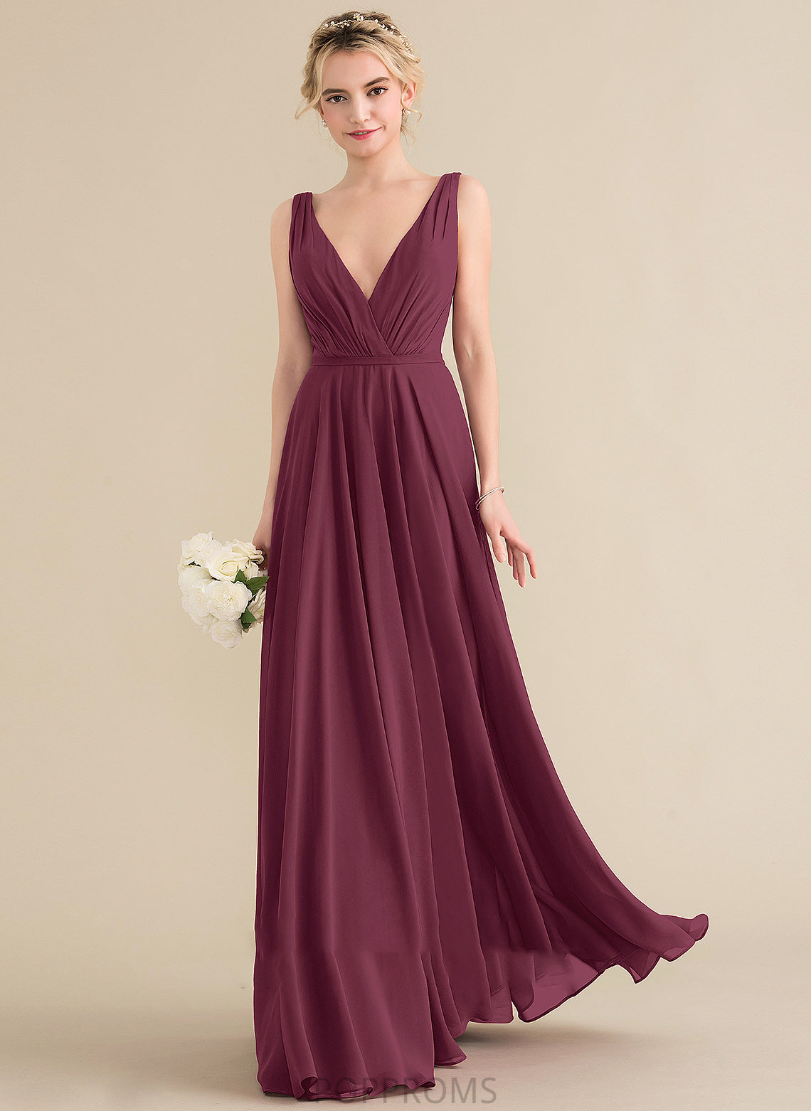 Floor-Length Prom Dresses A-Line Ruffle Madeline With Chiffon V-neck