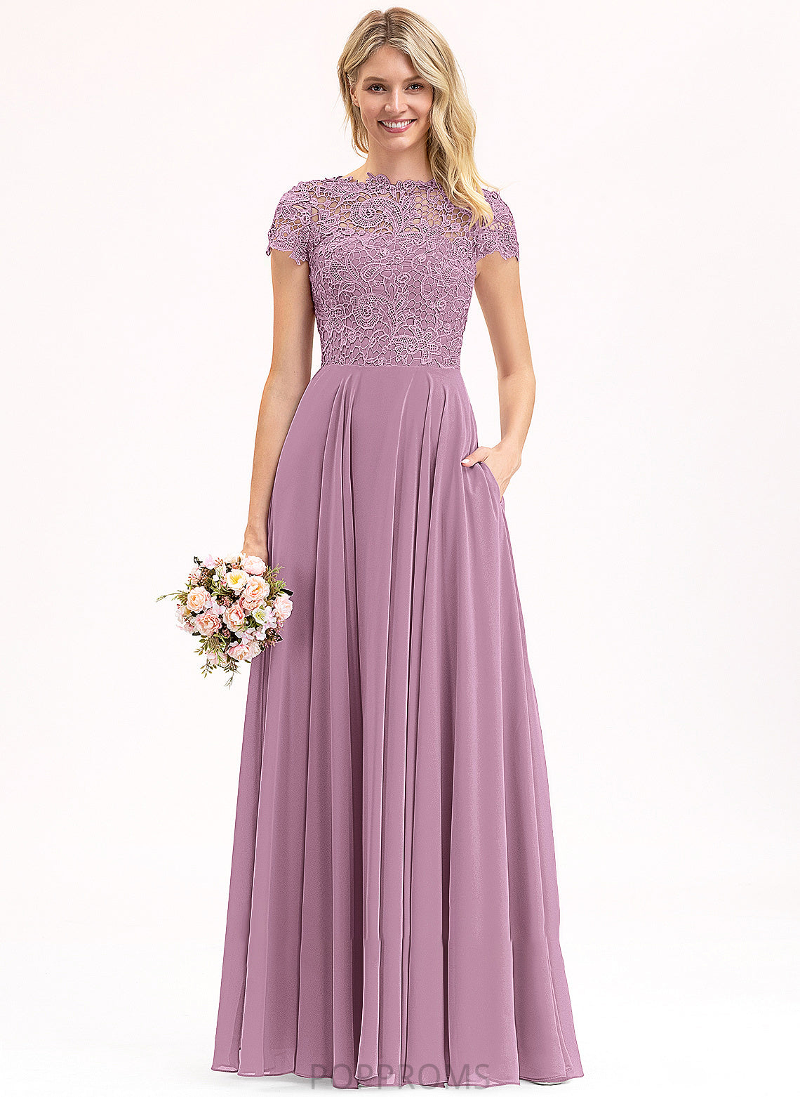 Scoop A-Line Prom Dresses Evie Neck Chiffon Lace With Pockets Floor-Length