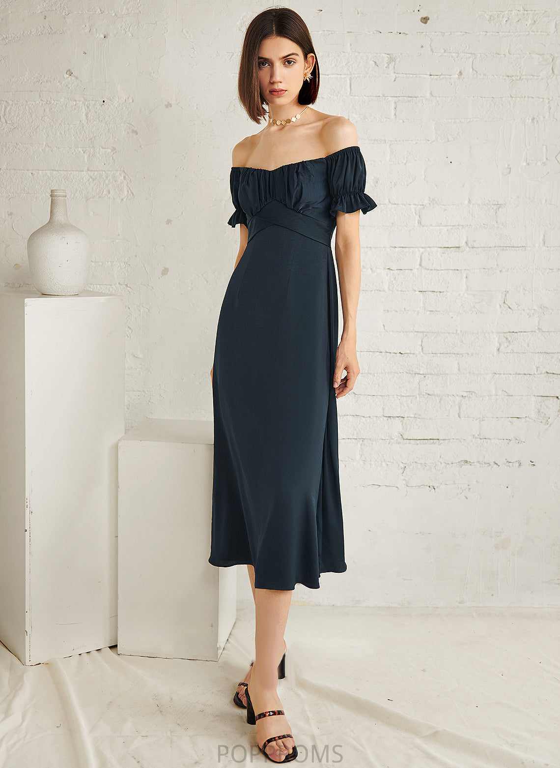 Cocktail Dresses Blends Cocktail Tea-Length Dress Off-the-Shoulder Ansley A-Line Cotton