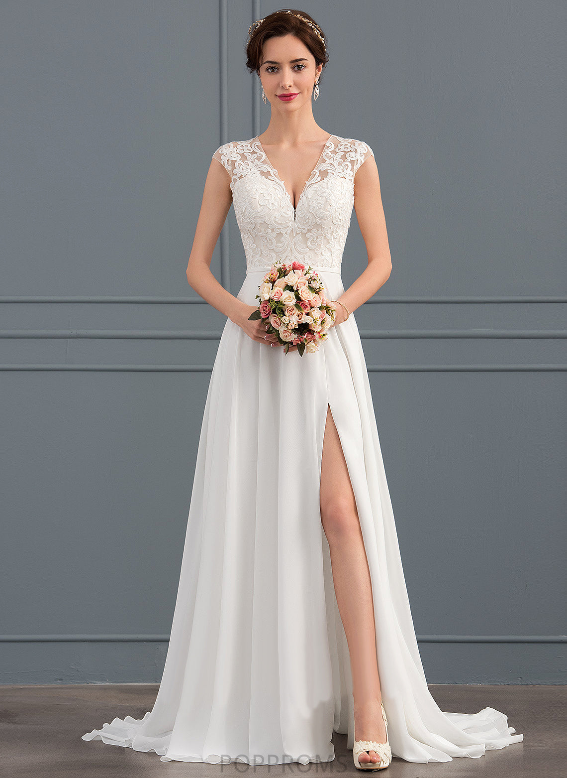 Sweep Split With Lace Front Train A-Line V-neck Wedding Dress Wedding Dresses Simone Chiffon