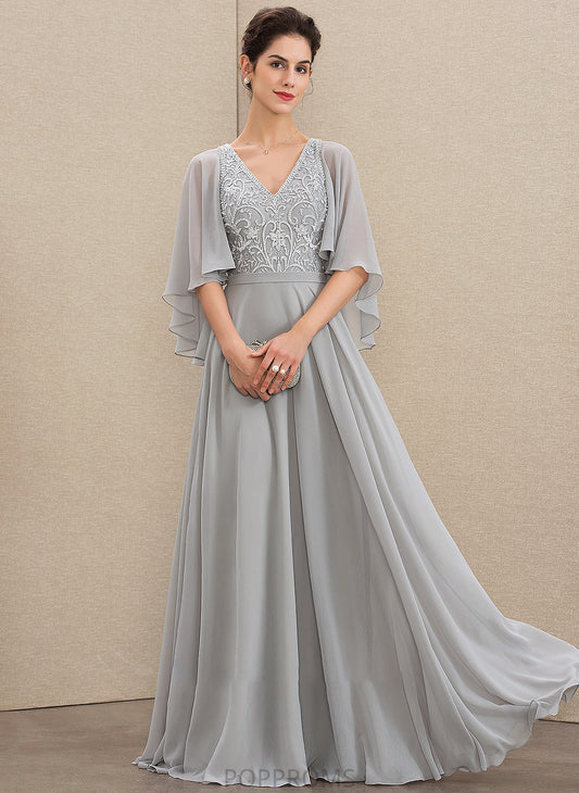 With A-Line Beading Chiffon the Carlie Mother Lace Sequins Bride of Floor-Length Dress V-neck Mother of the Bride Dresses