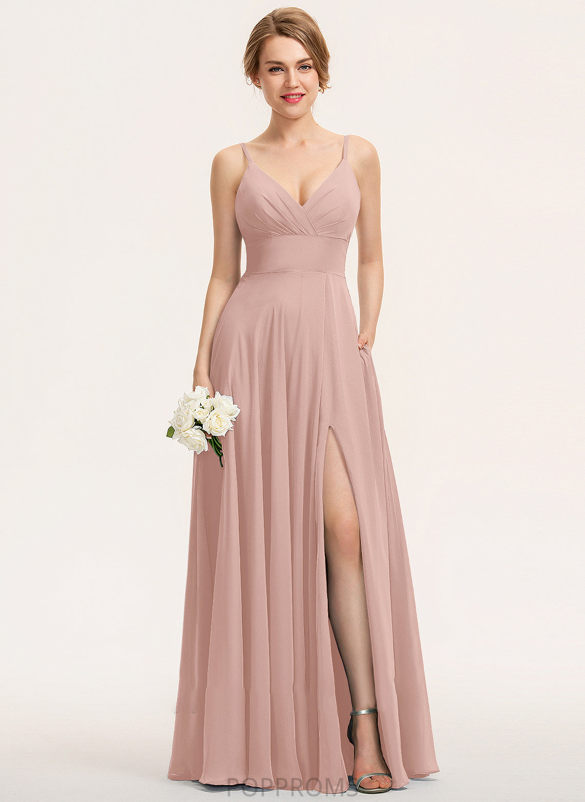 V-neck A-Line With Ruffle Pockets Chiffon Philippa Prom Dresses Floor-Length