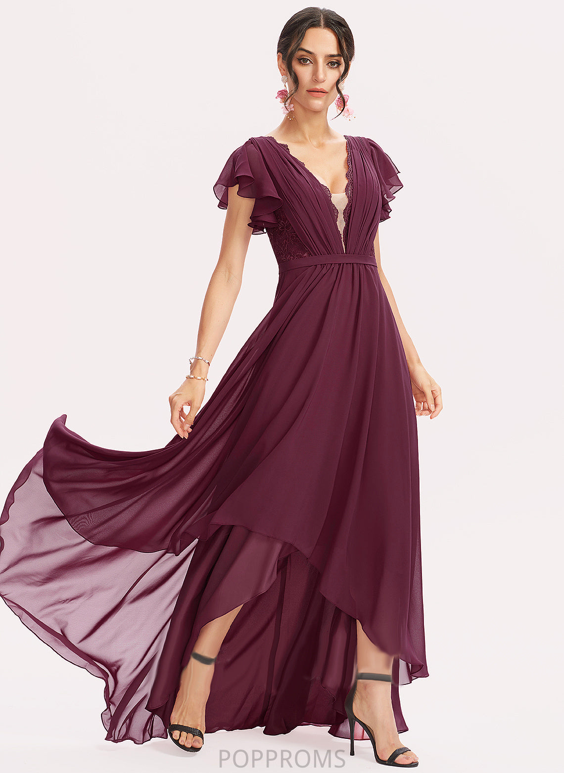 Ruffles Cocktail Dresses Chiffon Asymmetrical A-Line Cascading Nell Cocktail Lace V-neck Dress With