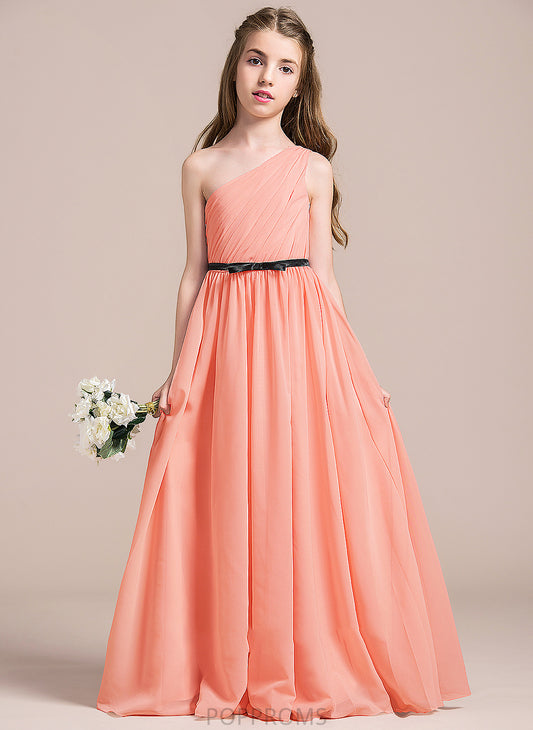 With A-Line Jo One-Shoulder Floor-Length Bow(s) Chiffon Ruffle Junior Bridesmaid Dresses