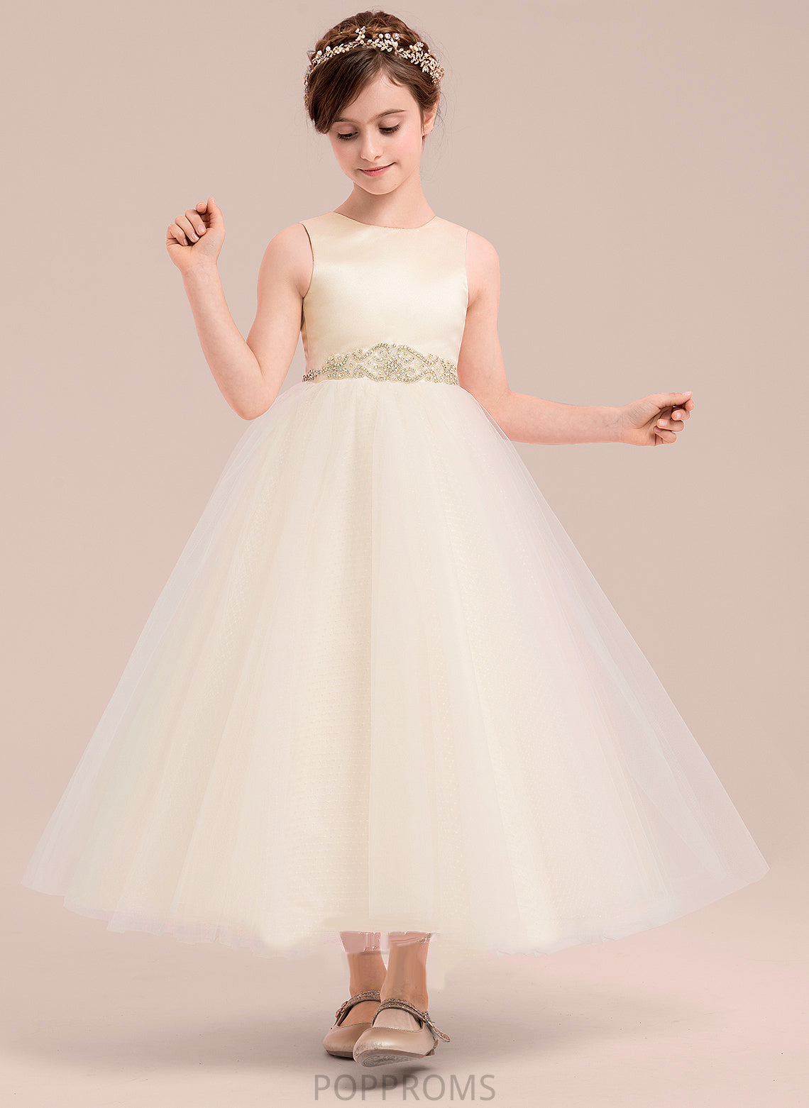 - Ankle-length Flower Neck Rylee Girl A-Line Flower Girl Dresses Beading Satin/Tulle Scoop With Sleeveless Dress