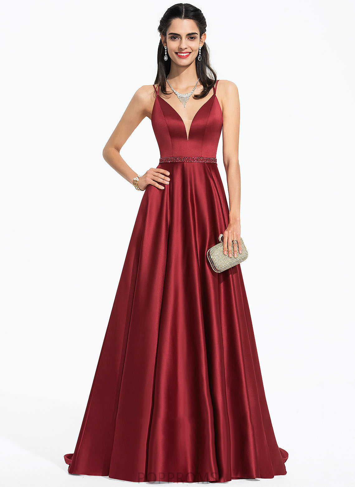 With A-Line Prom Dresses Train V-neck Sarahi Satin Sequins Beading Sweep