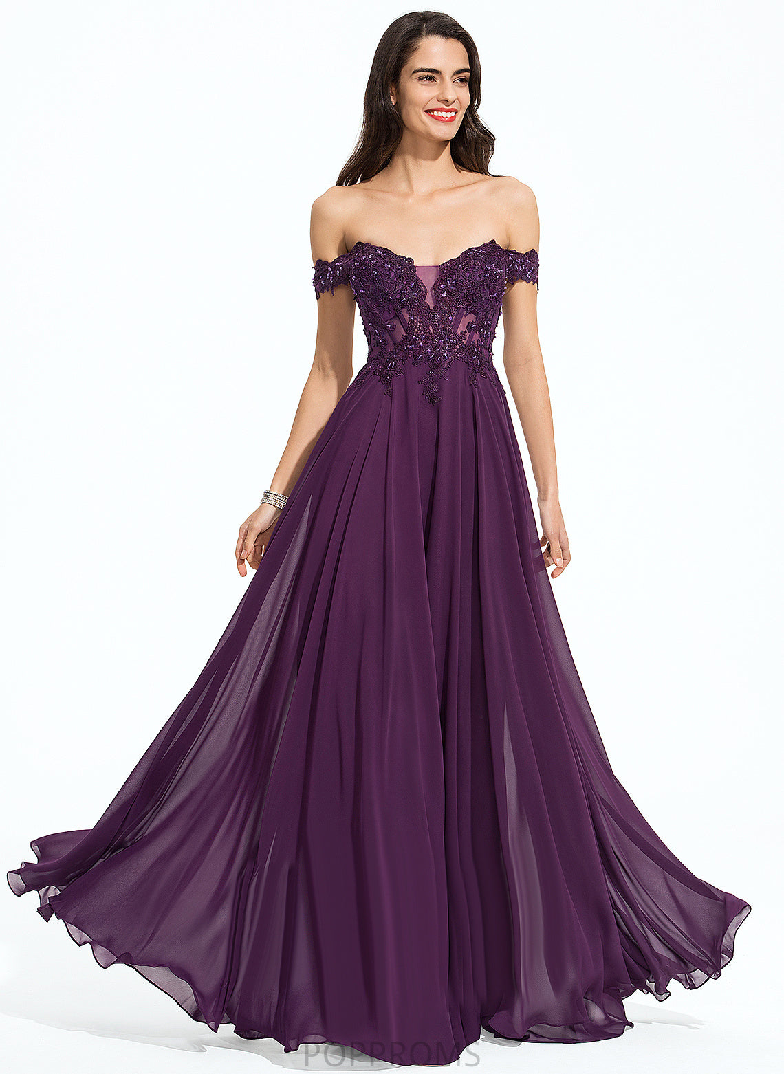 With Sequins Prom Dresses Lace Floor-Length Beading Chiffon Off-the-Shoulder Ball-Gown/Princess Gia