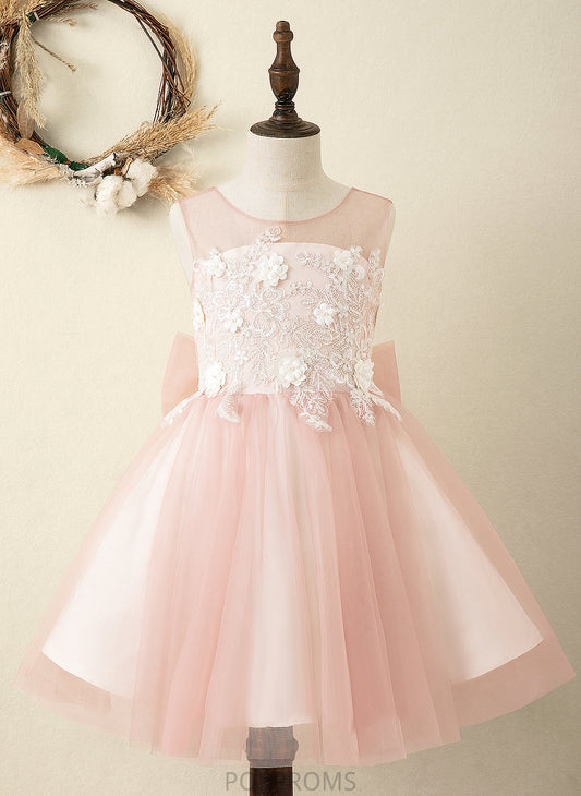 With Flower Girl Dresses Flower Bow(s)/V - Dress A-Line Back Girl Sleeveless Scoop Satin/Tulle Neck Knee-length Emilie