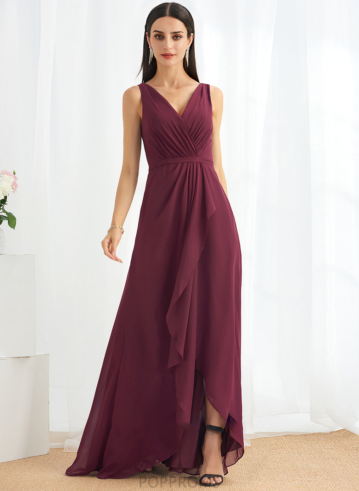 Length Fabric Silhouette Asymmetrical A-Line V-neck SplitFront Embellishment Neckline Jean V-Neck Floor Length Bridesmaid Dresses